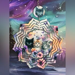 NEW 8” Whimsical Three-Kitten Wind Spinner - Pastel Multicolor